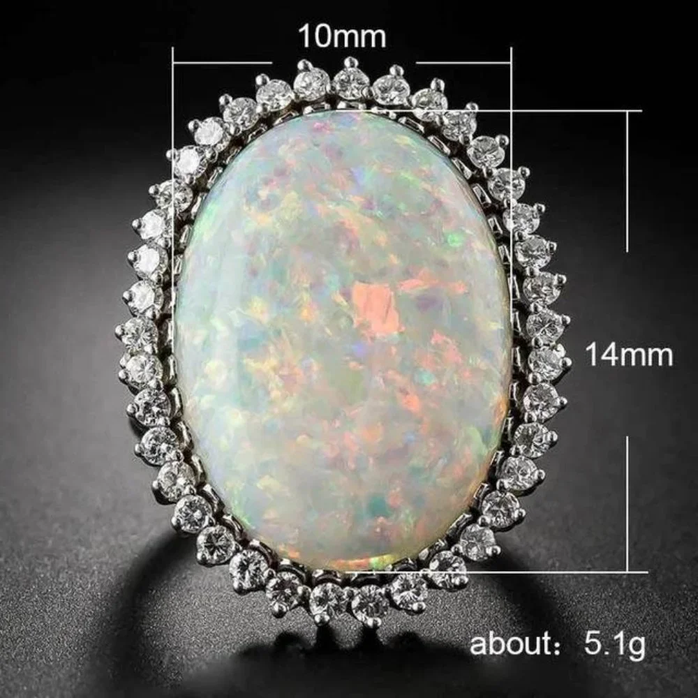 NEW Huge Opal Diamond Halo Silver Engagement Ring